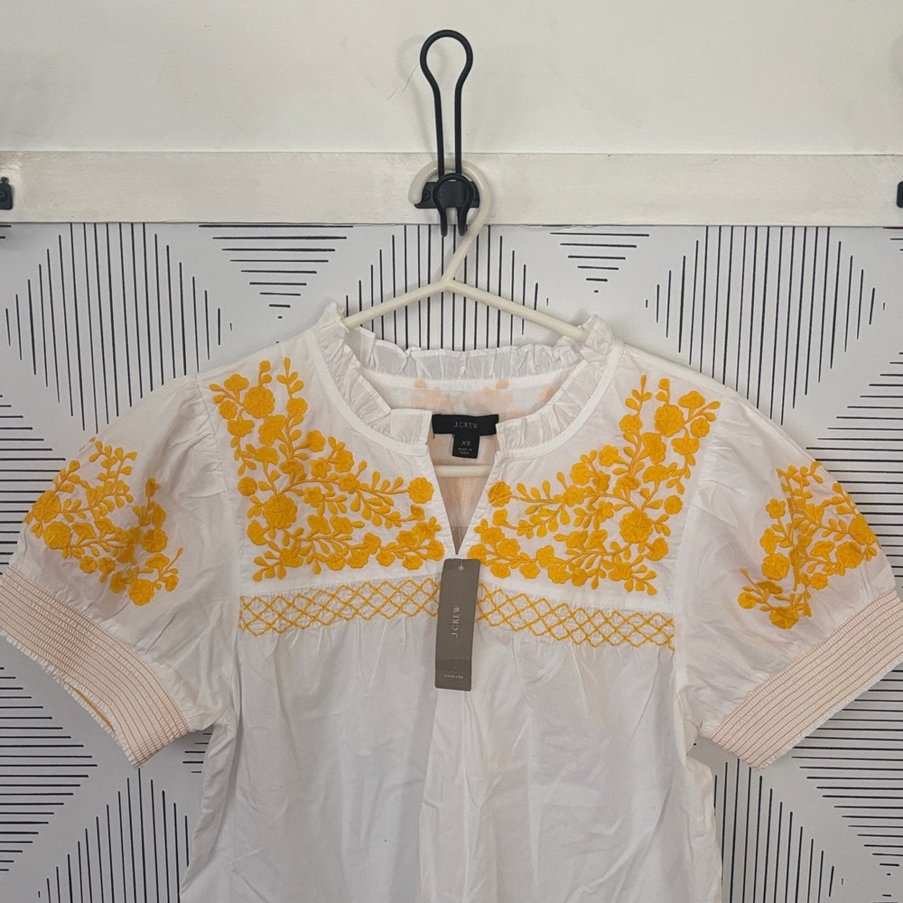 J. Crew White Blouse with Yellow Embroidery! Beautiful NWT